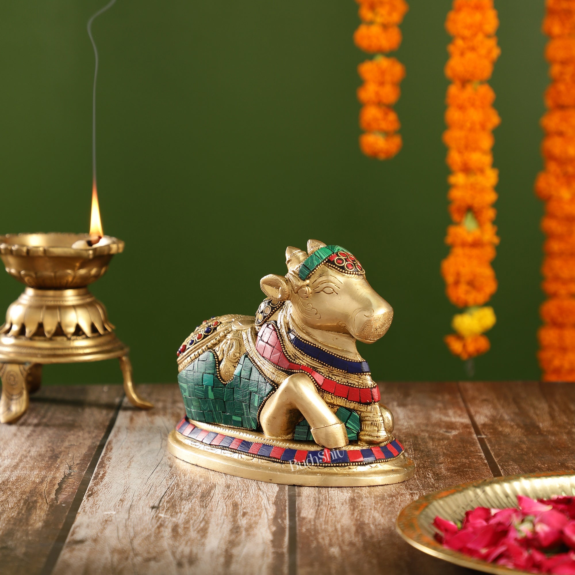 Buy Handcrafted Brass Nandi Statue with Natural Stones - 6