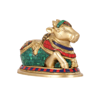 Auspicious Handcrafted Brass Nandi Statue Meenakari 8" - Budhshiv.com