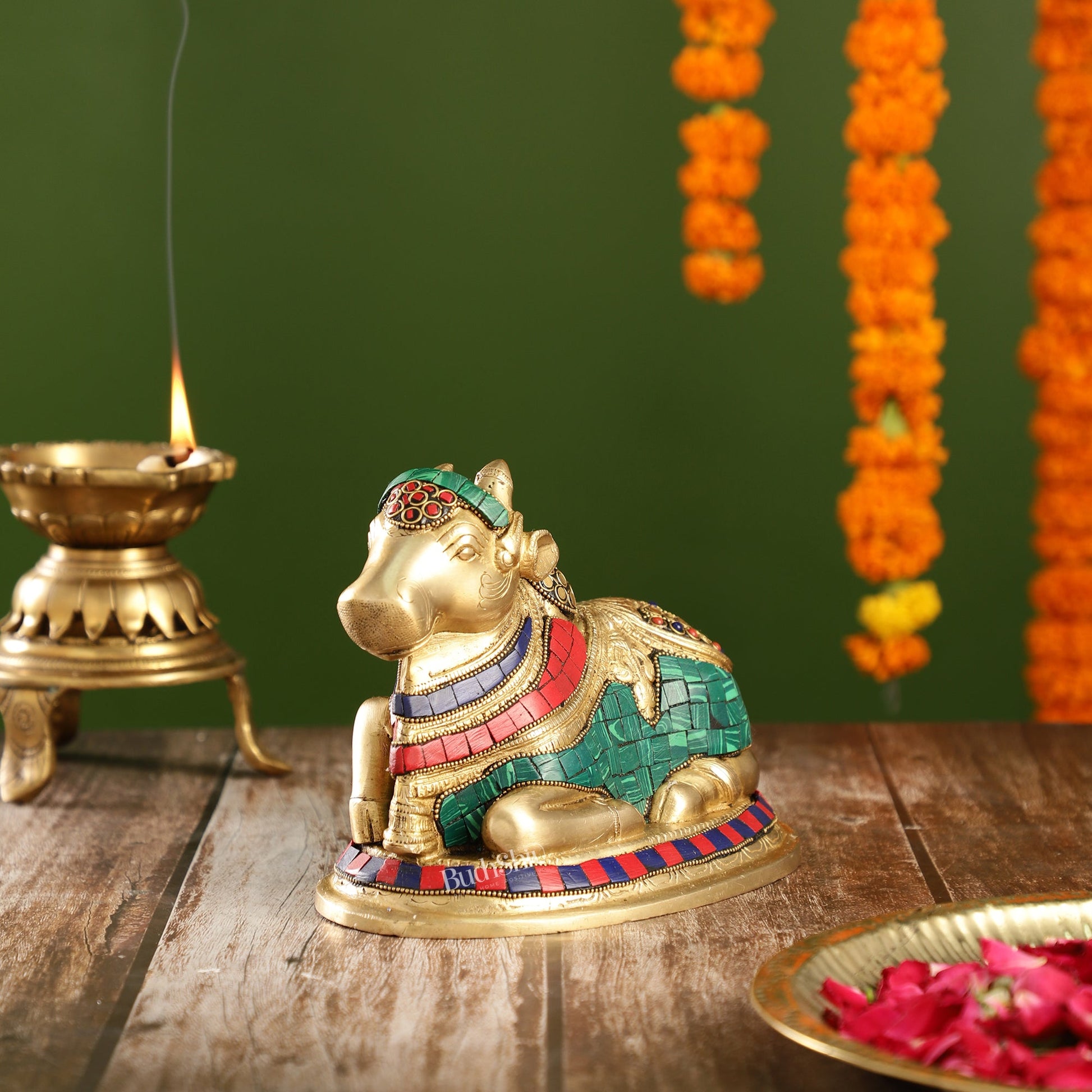 Auspicious Handcrafted Brass Nandi Statue Meenakari 8" - Budhshiv.com