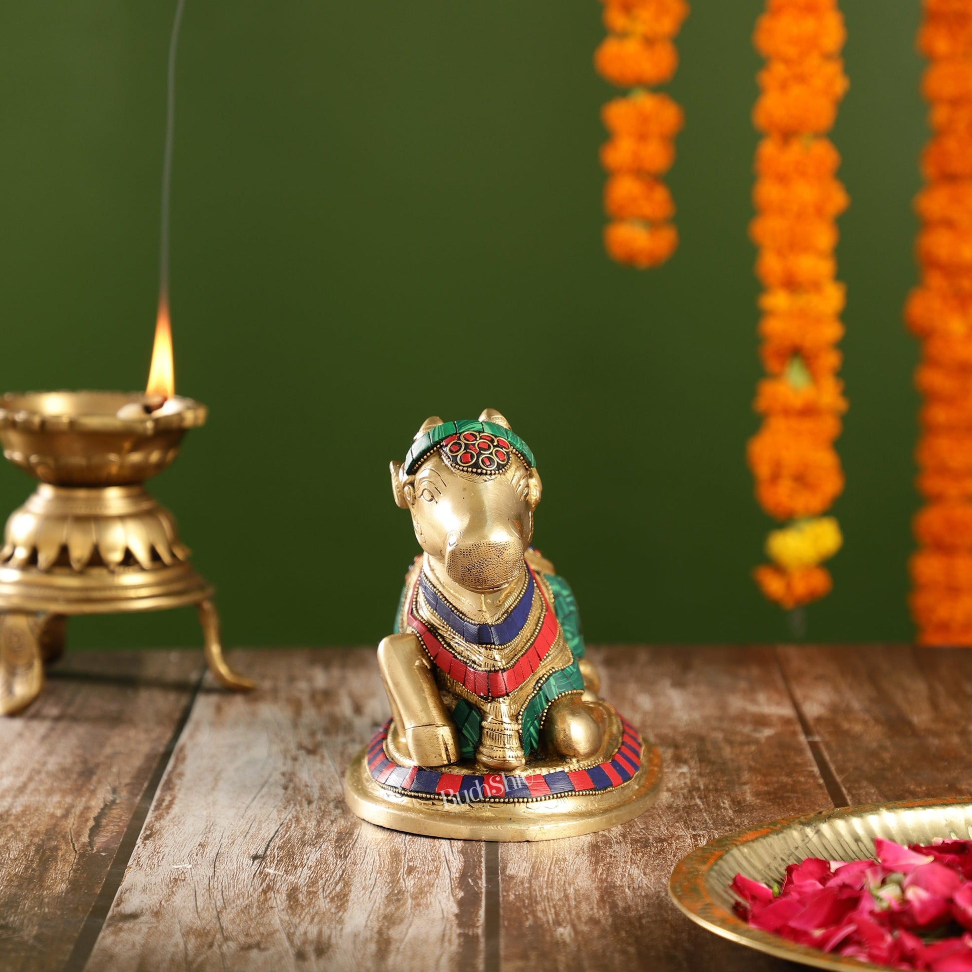 Auspicious Handcrafted Brass Nandi Statue Meenakari 8" - Budhshiv.com