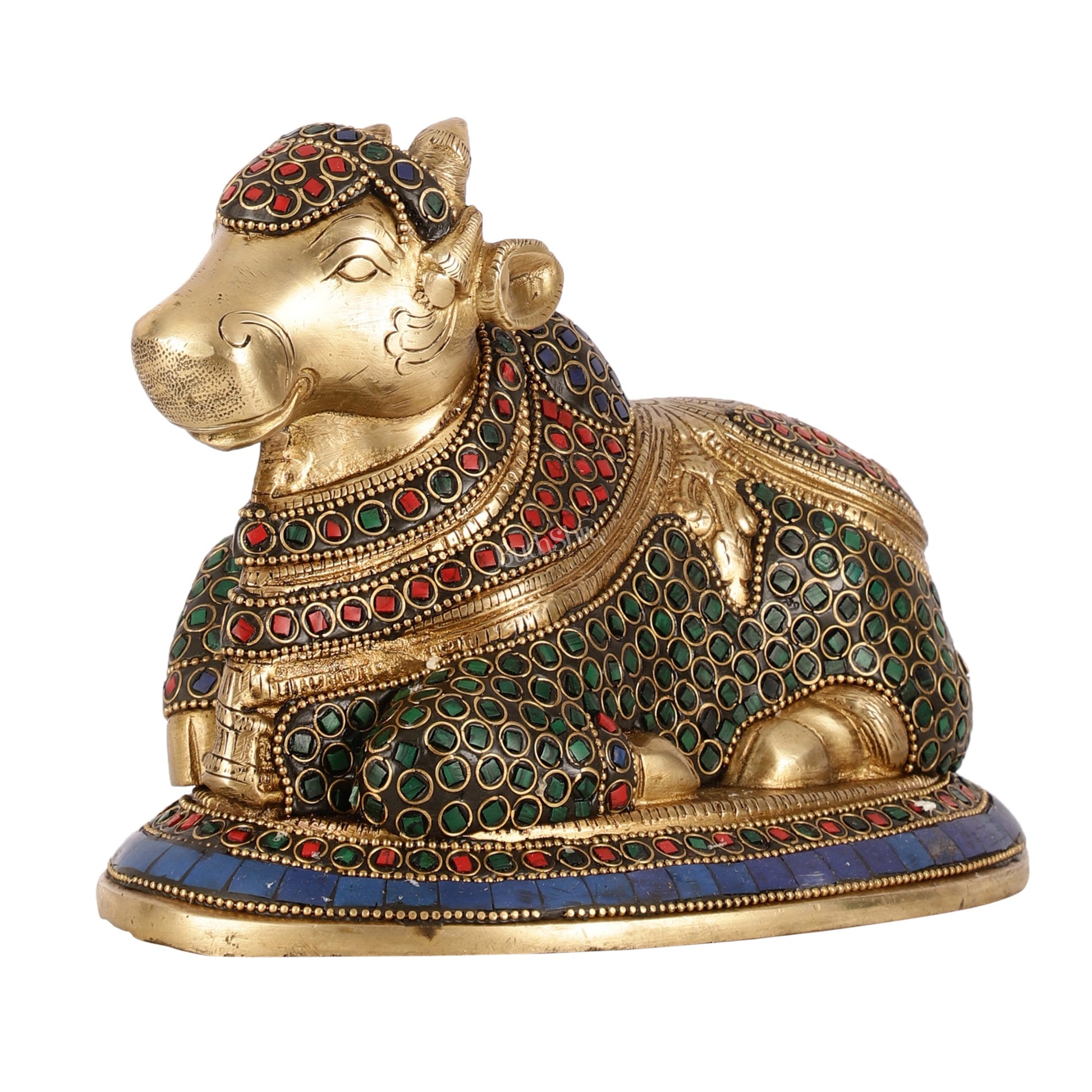 Auspicious Handcrafted Brass Nandi Statue Meenakari 8" - Budhshiv.com