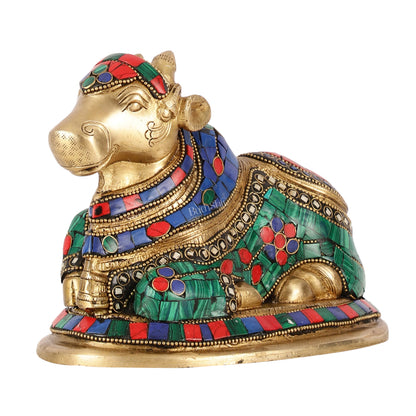 Auspicious Handcrafted Brass Nandi Statue Meenakari 8" - Budhshiv.com