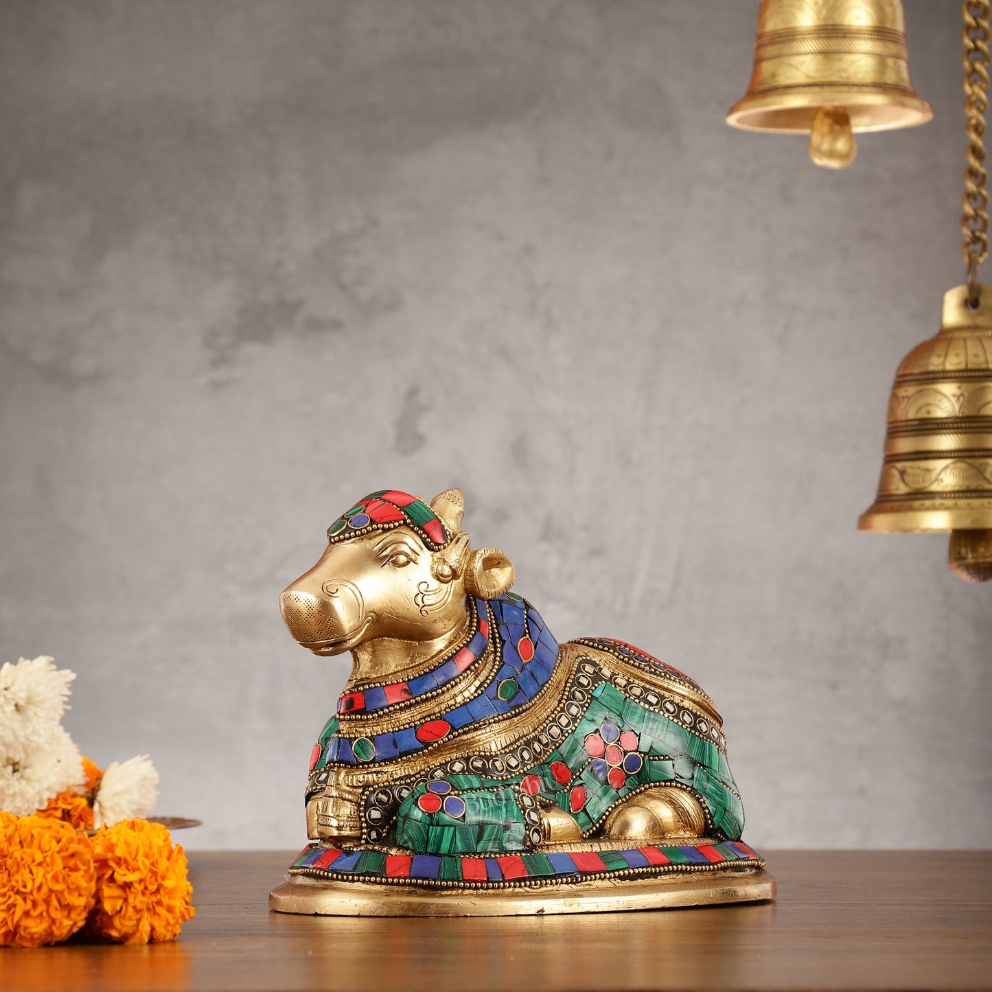 Auspicious Handcrafted Brass Nandi Statue Meenakari 8" - Budhshiv.com