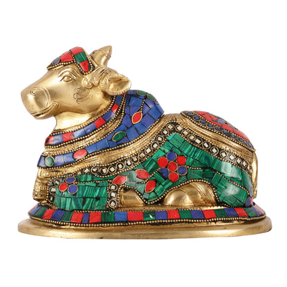 Auspicious Handcrafted Brass Nandi Statue Meenakari 8" - Budhshiv.com