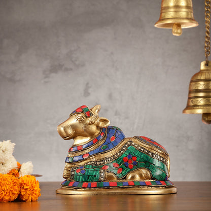 Auspicious Handcrafted Brass Nandi Statue Meenakari 8" - Budhshiv.com