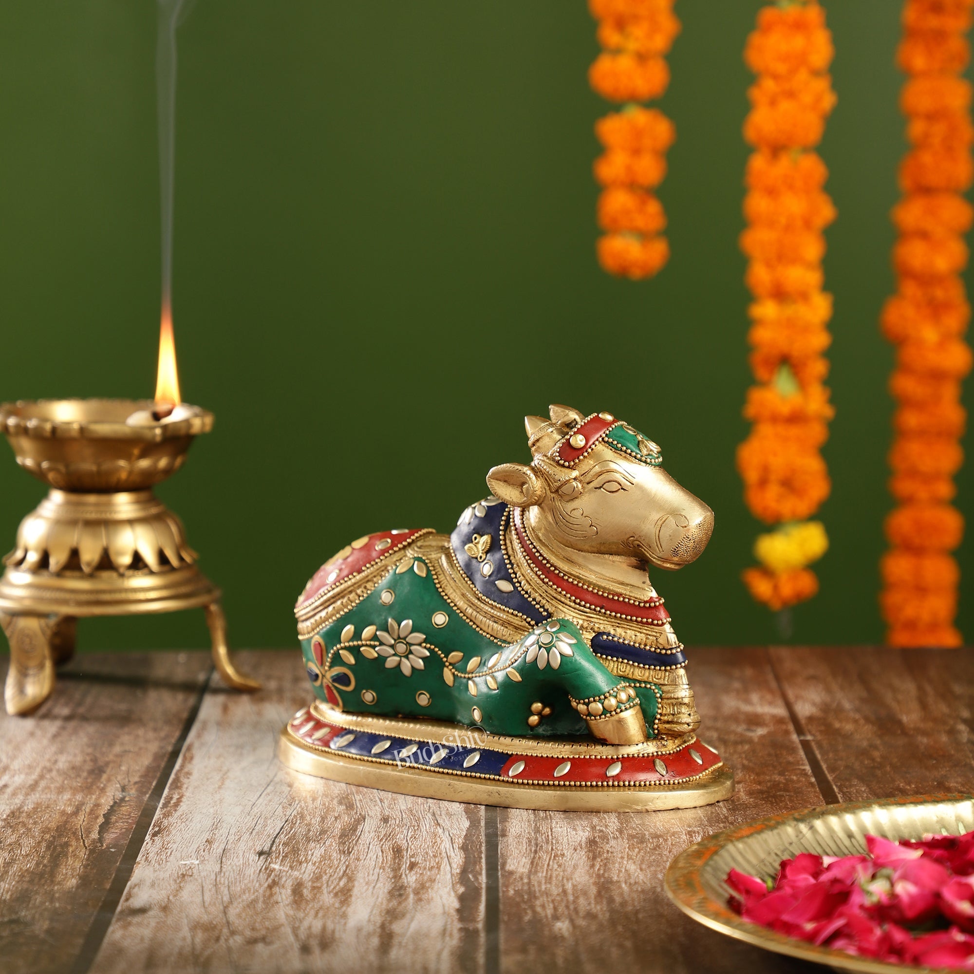 Buy Handcrafted Brass Nandi Statue with Natural Stones - 6