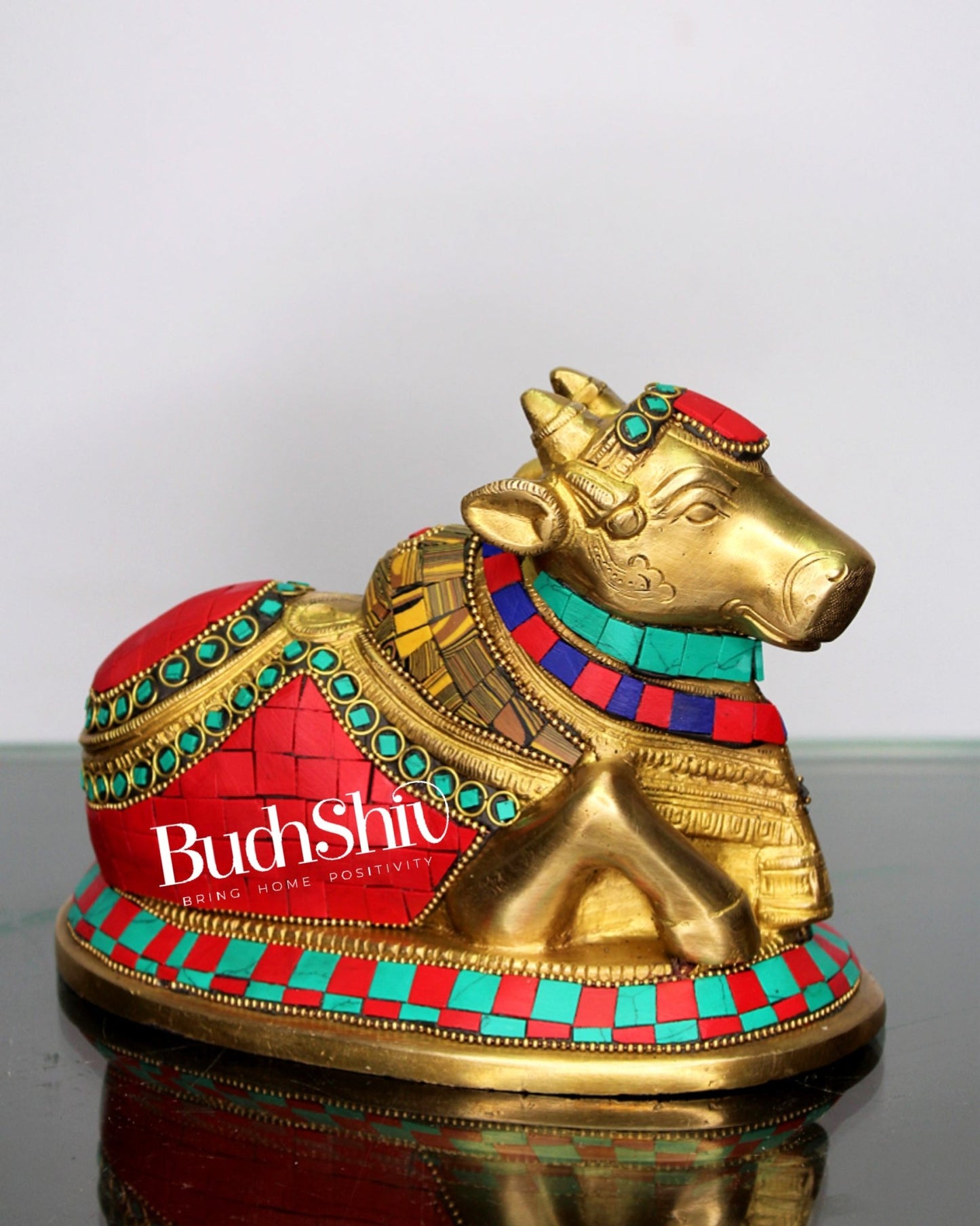 Auspicious Handcrafted Brass Nandi Statue with Natural Stones - 6" Height - Budhshiv.com