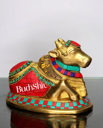 Auspicious Handcrafted Brass Nandi Statue with Natural Stones - 6" Height - Budhshiv.com