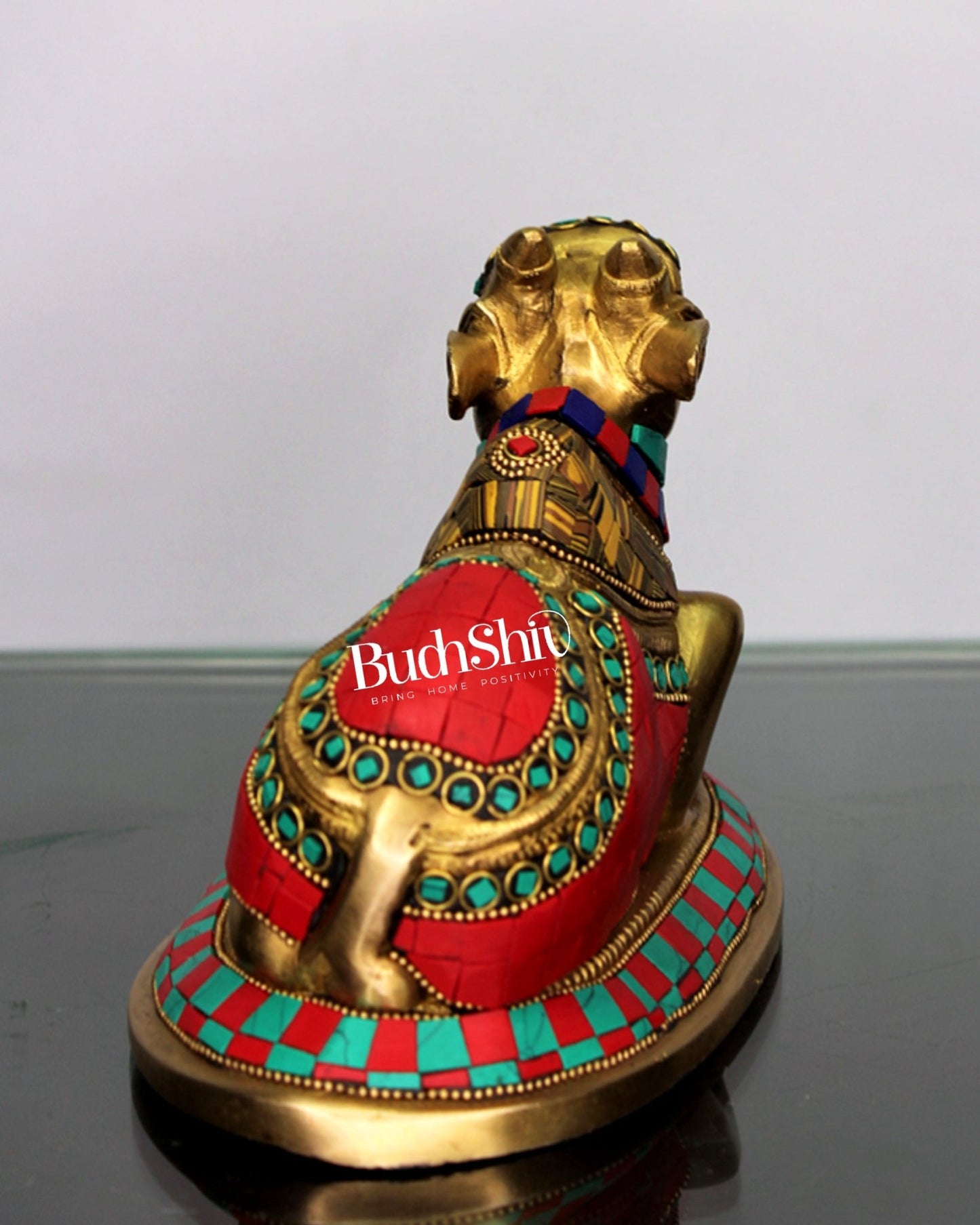 Auspicious Handcrafted Brass Nandi Statue with Natural Stones - 6" Height - Budhshiv.com