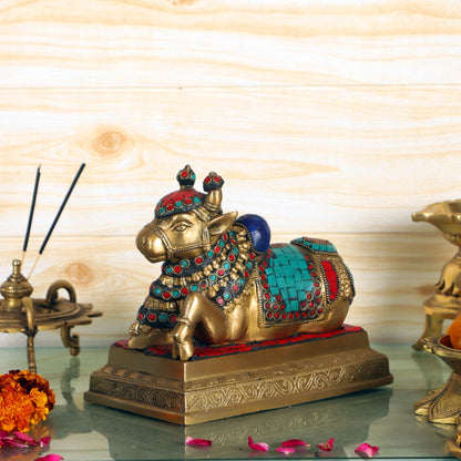 Auspicious Handcrafted Brass Nandi Statue with Natural Stones - 6" Height - Budhshiv.com