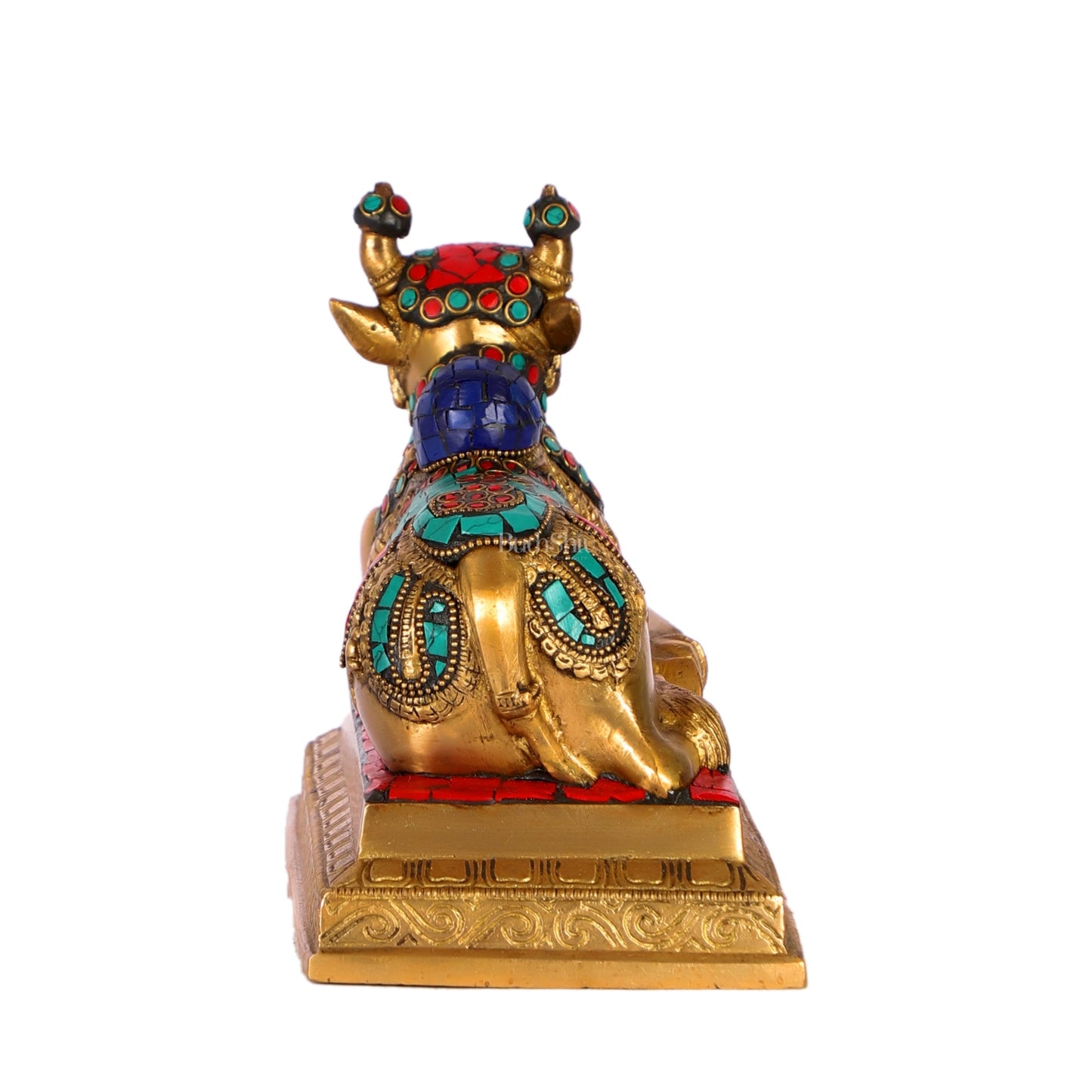 Auspicious Handcrafted Brass Nandi Statue with Natural Stones - 6" Height - Budhshiv.com