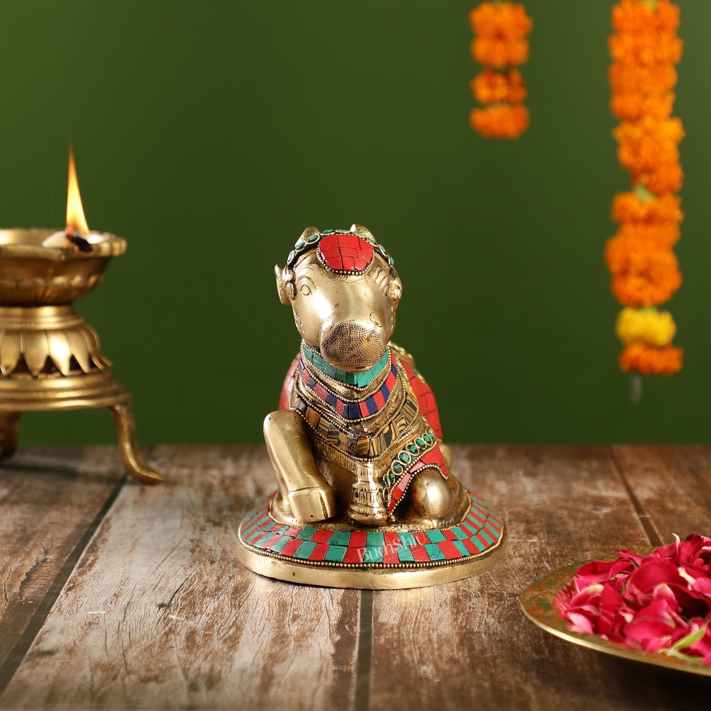 Auspicious Handcrafted Brass Nandi Statue with Natural Stones - Budhshiv.com