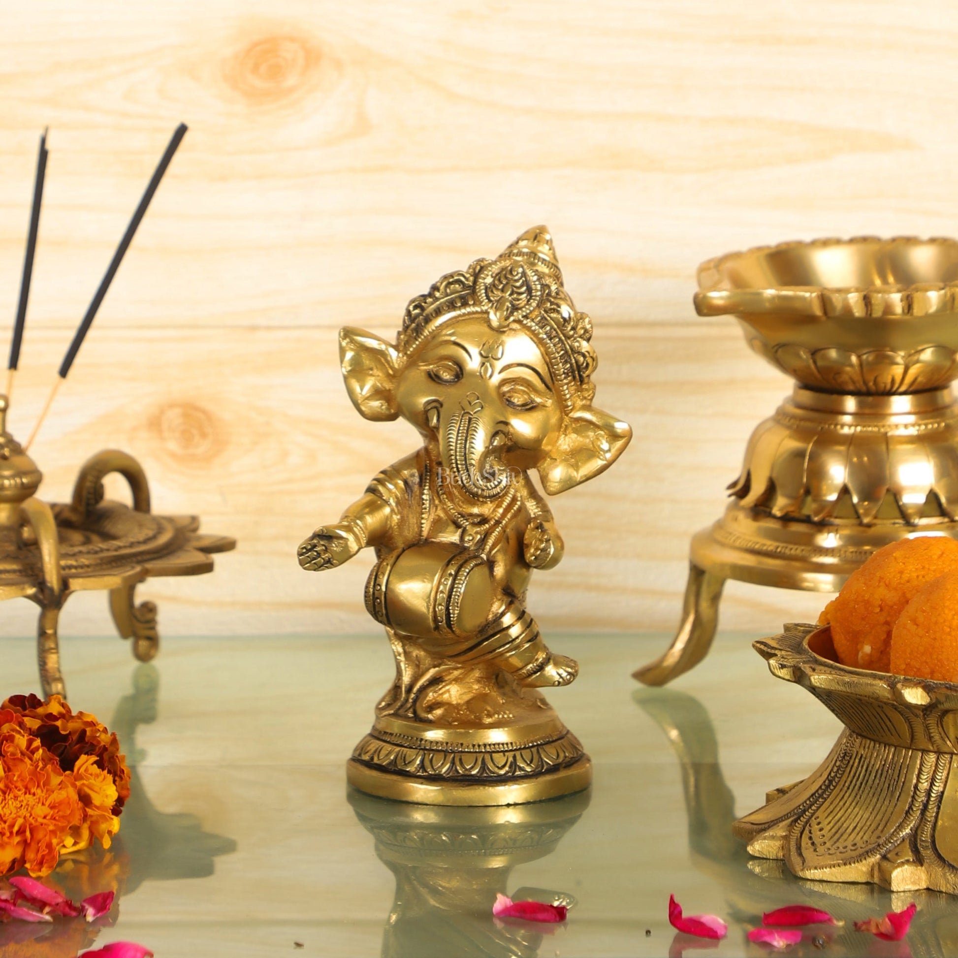 Baby Dholak Ganesha Brass Idol - Golden | BudhShiv - Budhshiv.com