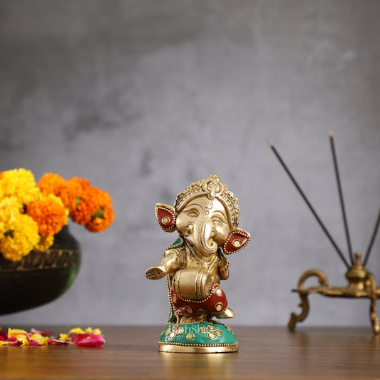 Baby Dholak Ganesha Brass Idol - stonework | BudhShiv - Budhshiv.com