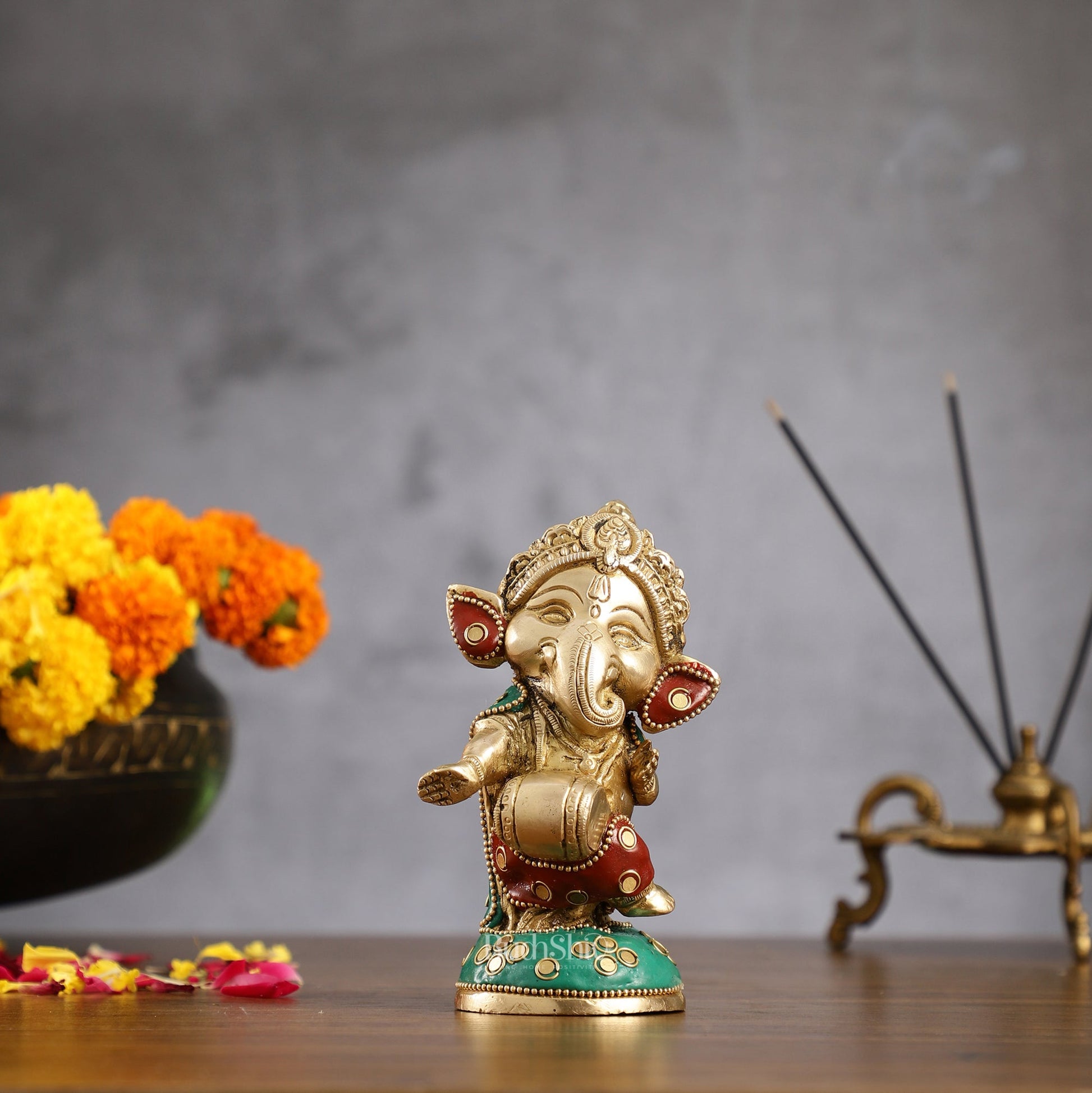 Baby Dholak Ganesha Brass Idol - stonework | BudhShiv - Budhshiv.com