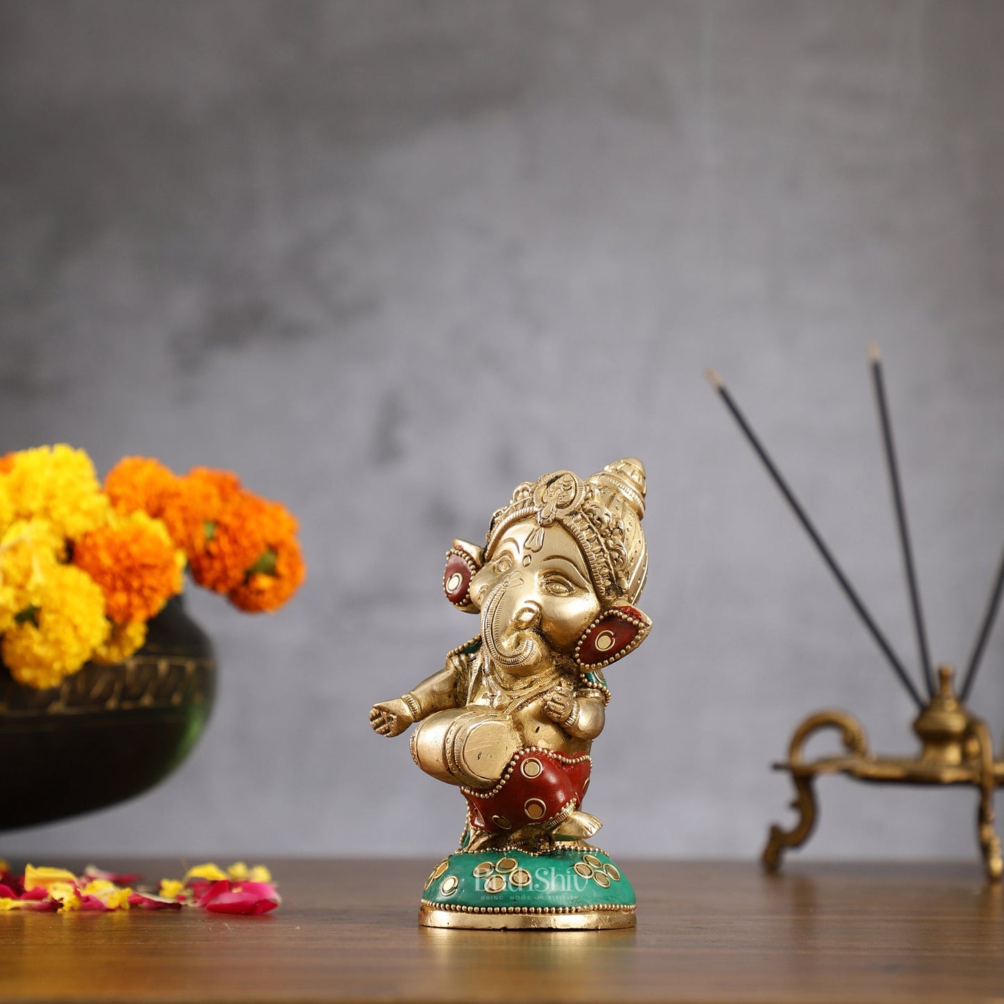 Baby Dholak Ganesha Brass Idol - stonework | BudhShiv - Budhshiv.com