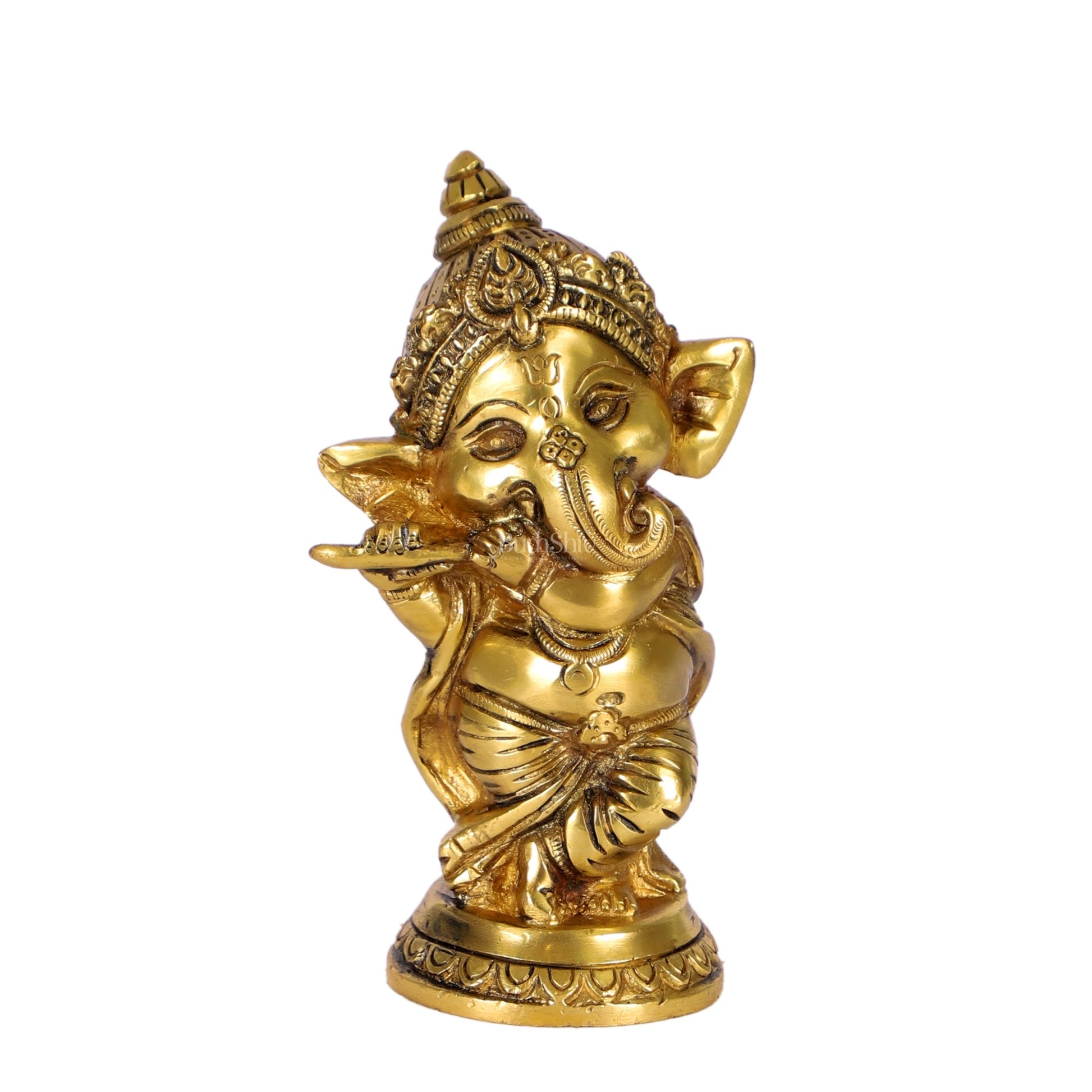 Baby Flute Ganesha Brass Idol - Golden | BudhShiv - Budhshiv.com