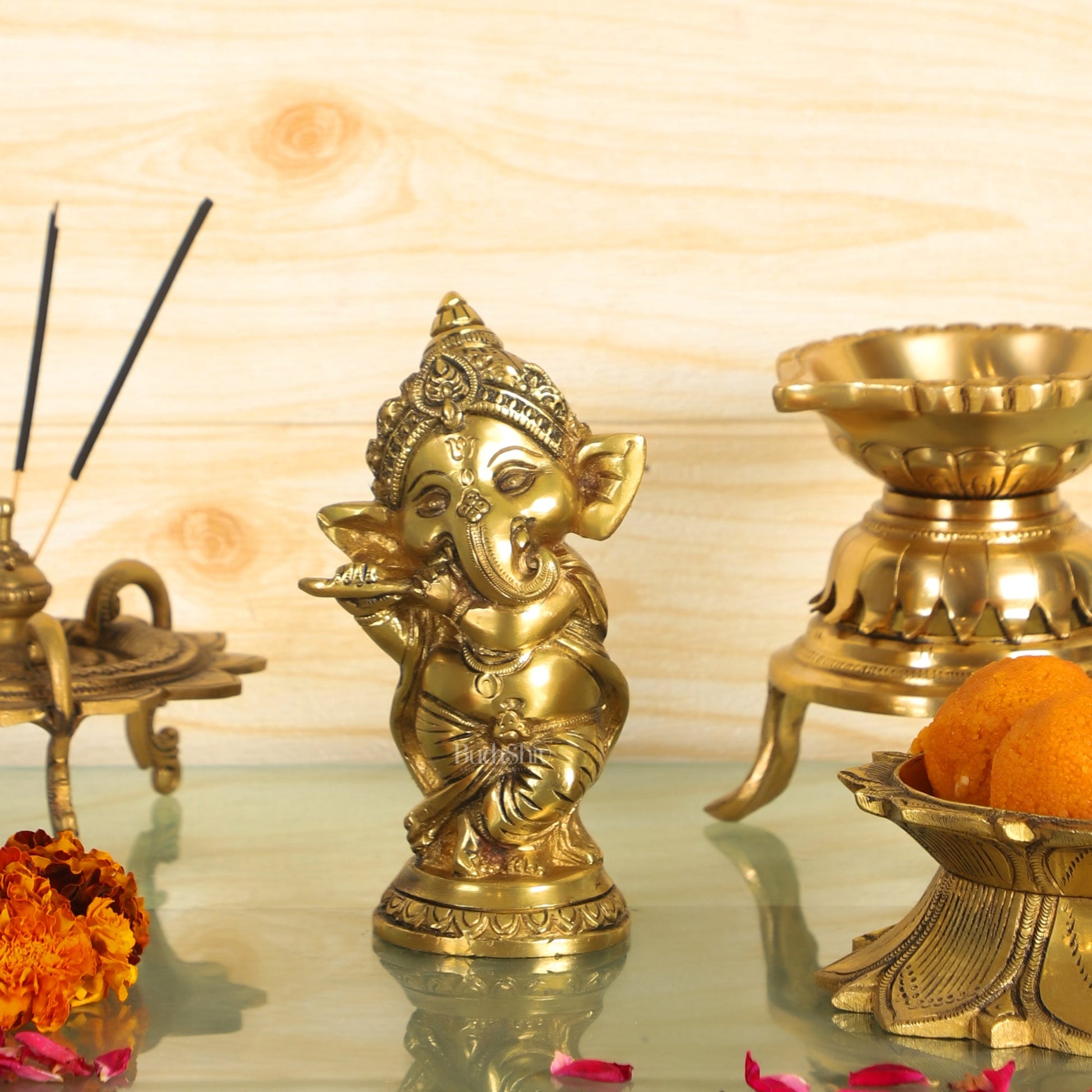 Baby Flute Ganesha Brass Idol - Golden | BudhShiv - Budhshiv.com