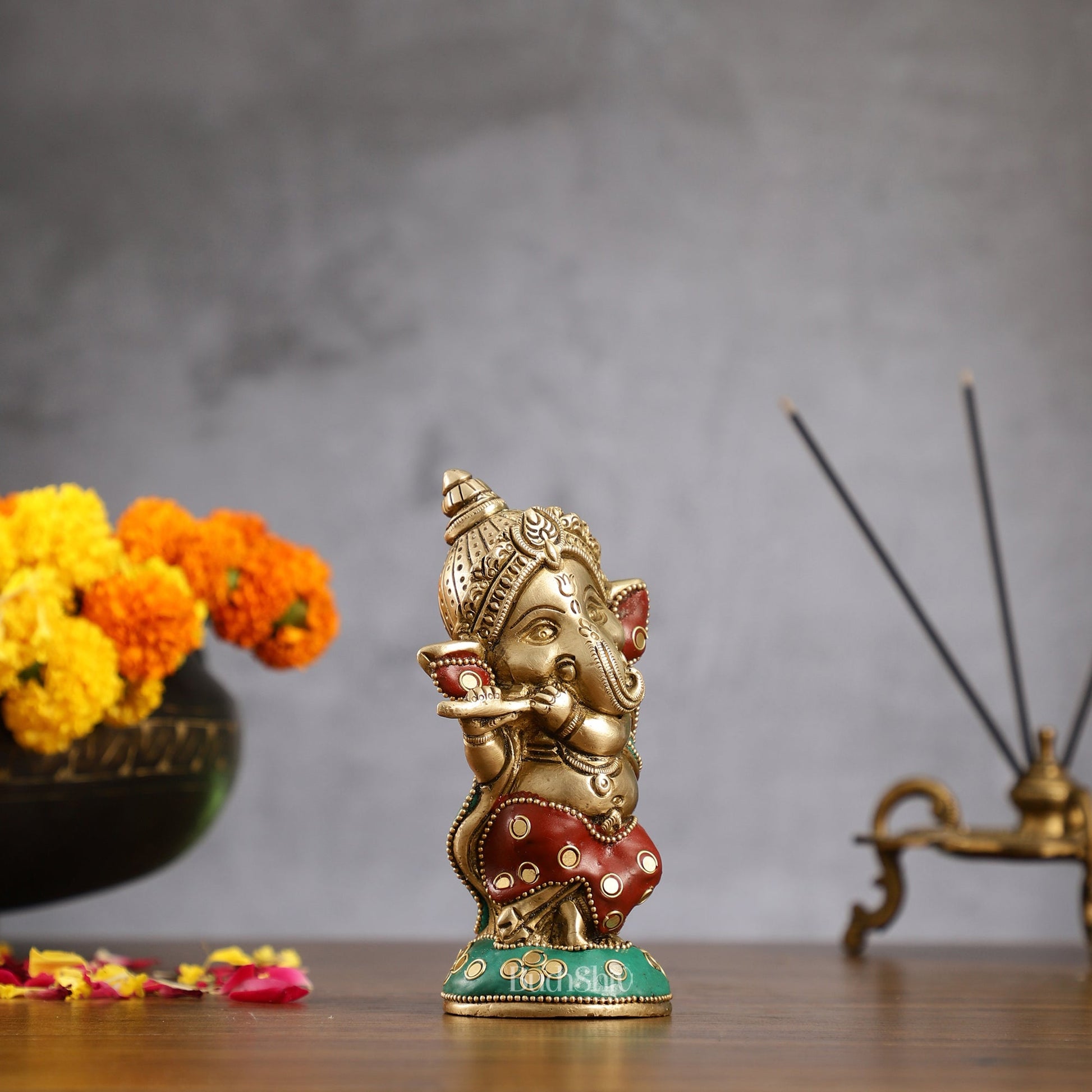 Baby Flute Ganesha Brass Idol - stonework| BudhShiv - Budhshiv.com