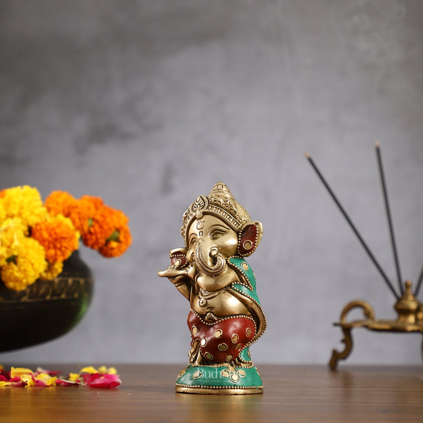 Baby Flute Ganesha Brass Idol - stonework| BudhShiv - Budhshiv.com