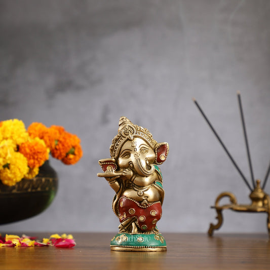 Baby Flute Ganesha Brass Idol - stonework| BudhShiv - Budhshiv.com