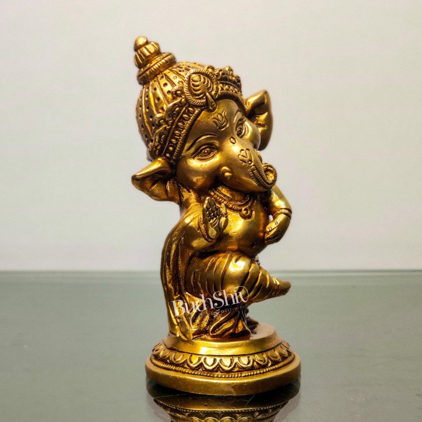 Baby Ganesha Aashirwaad Brass Idol - Perfect for Office Desk, Study Table, Temple - Golden - Budhshiv.com