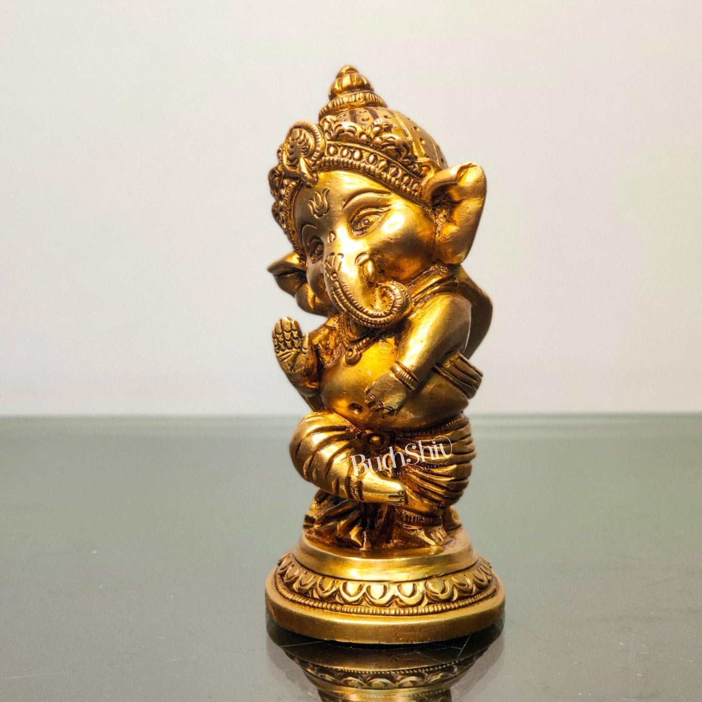 Baby Ganesha Aashirwaad Brass Idol - Perfect for Office Desk, Study Table, Temple - Golden - Budhshiv.com