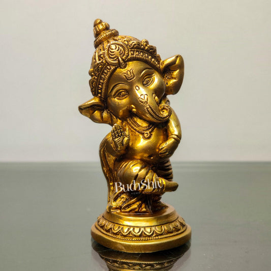 Baby Ganesha Aashirwaad Brass Idol - Perfect for Office Desk, Study Table, Temple - Golden - Budhshiv.com