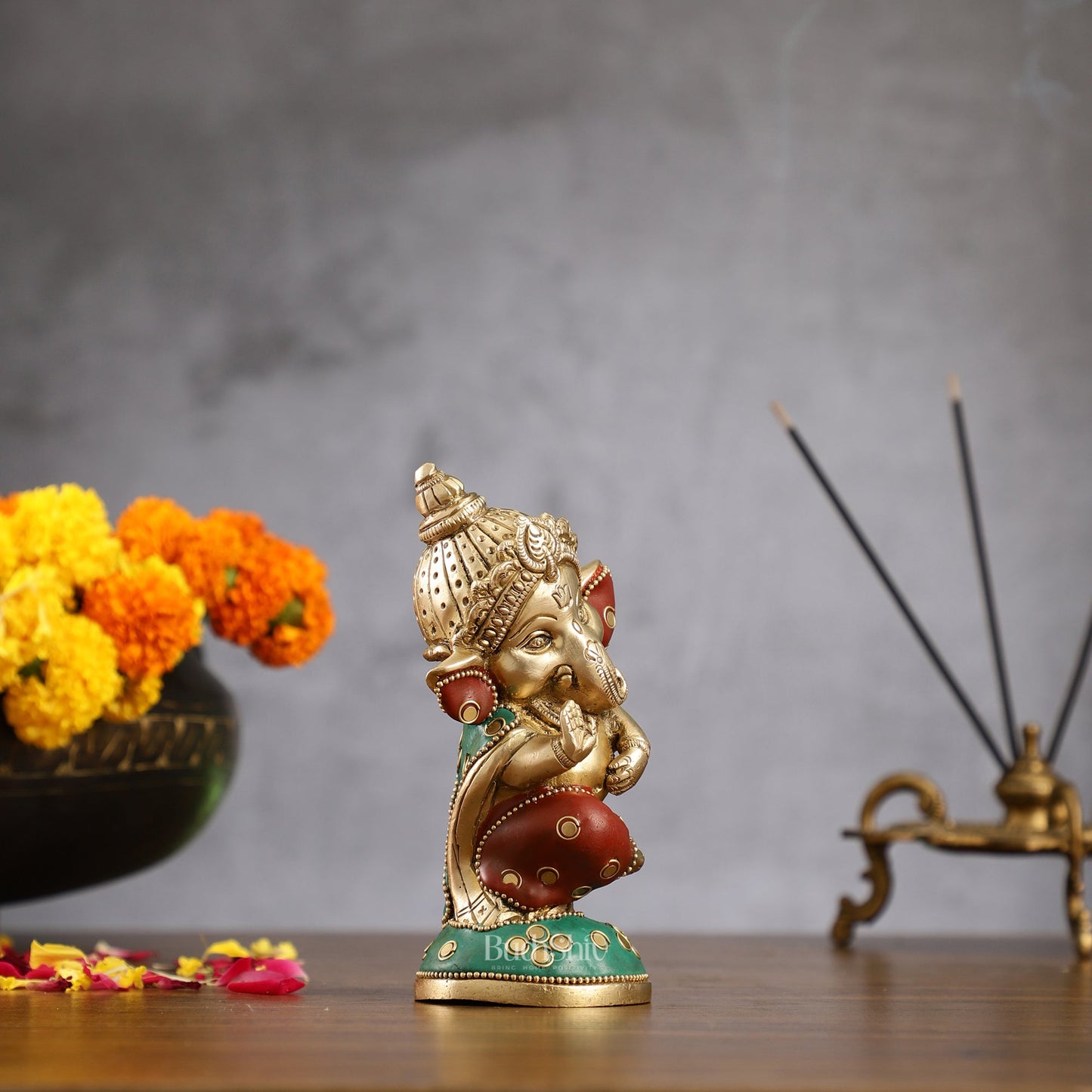 Baby Ganesha Aashirwaad Brass Idol - Perfect for Office Desk, Study Table, Temple - stonework - Budhshiv.com
