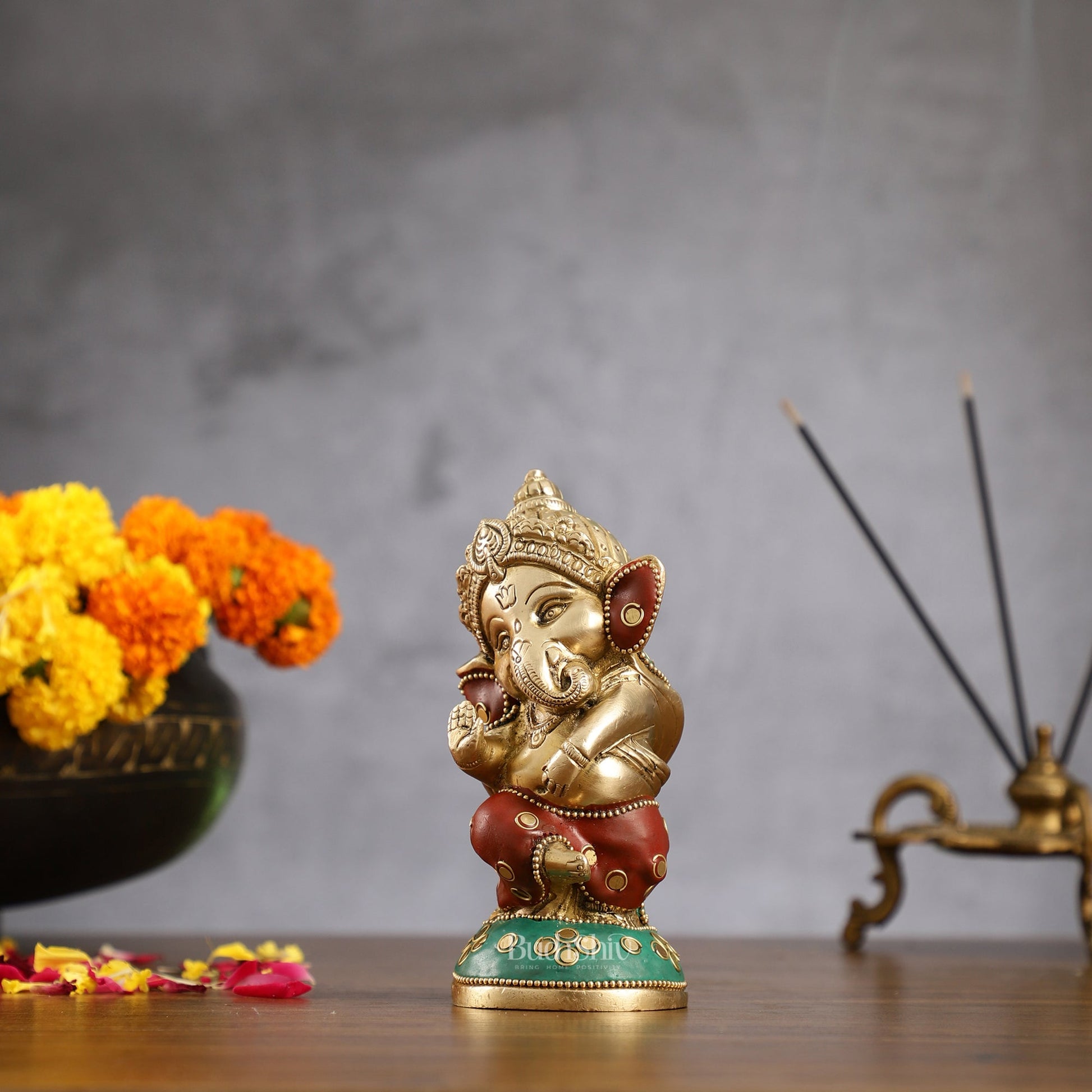 Baby Ganesha Aashirwaad Brass Idol - Perfect for Office Desk, Study Table, Temple - stonework - Budhshiv.com