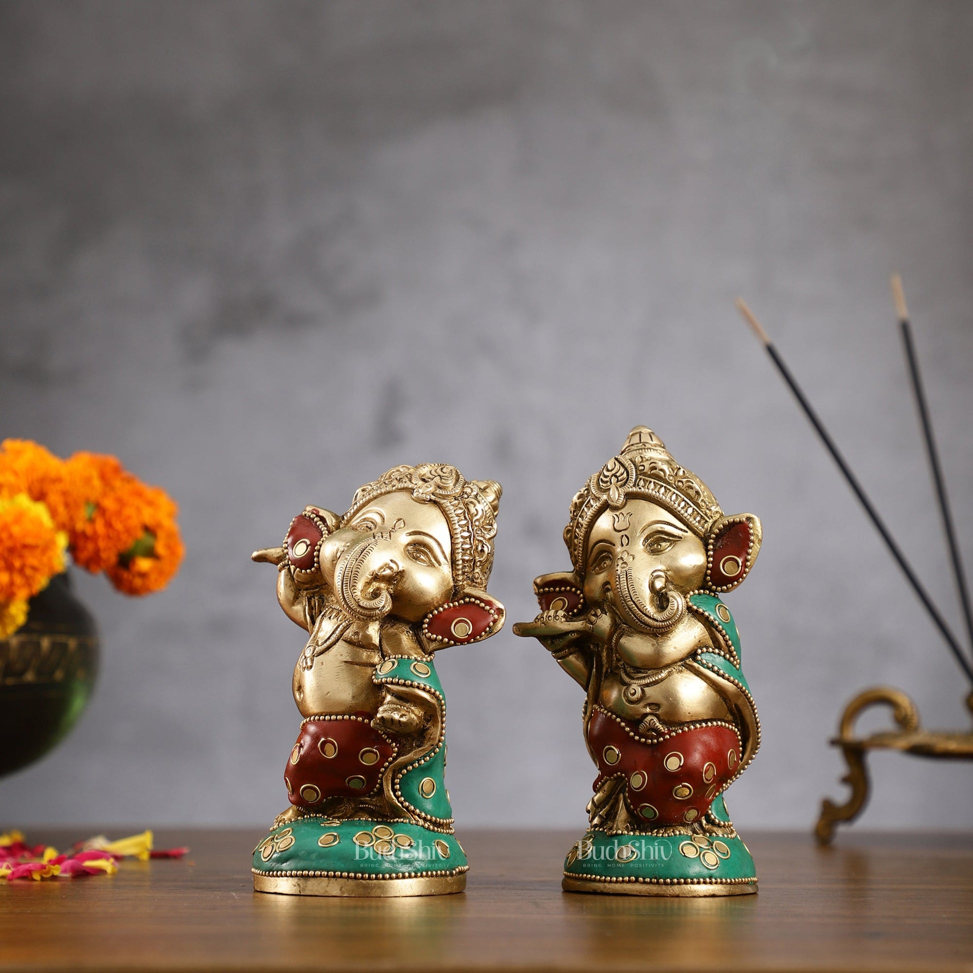 Baby Ganesha Brass Idols pair 5 " Stonework - Budhshiv.com