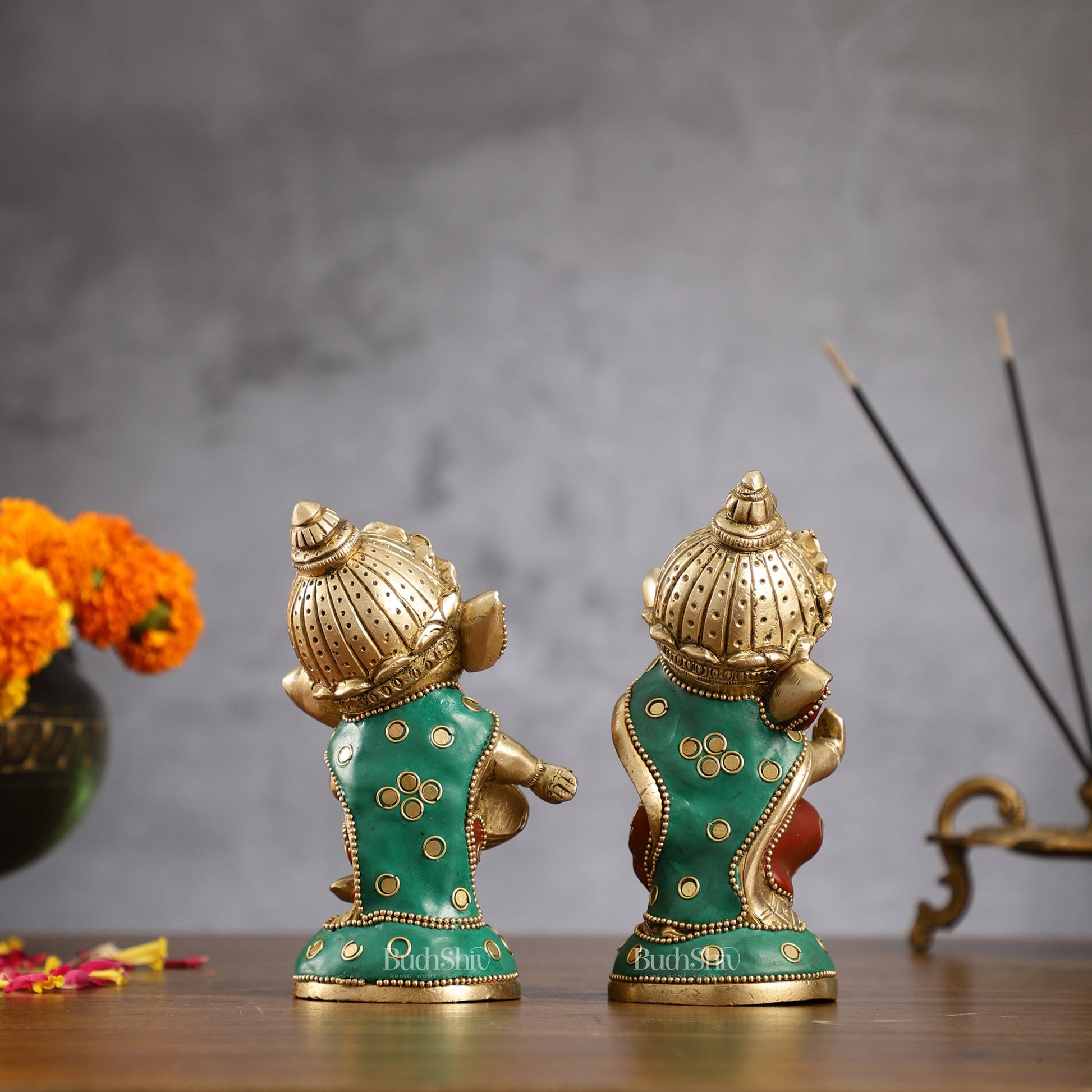 Baby Ganesha Brass Idols pair 5 " Stonework - Budhshiv.com