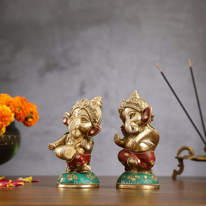 Baby Ganesha Brass Idols pair 5 " Stonework - Budhshiv.com