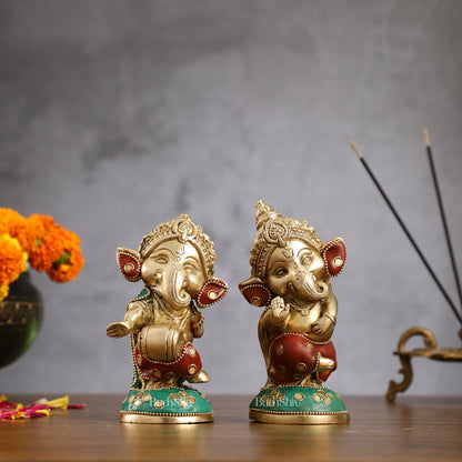 Baby Ganesha Brass Idols pair 5 " Stonework - Budhshiv.com