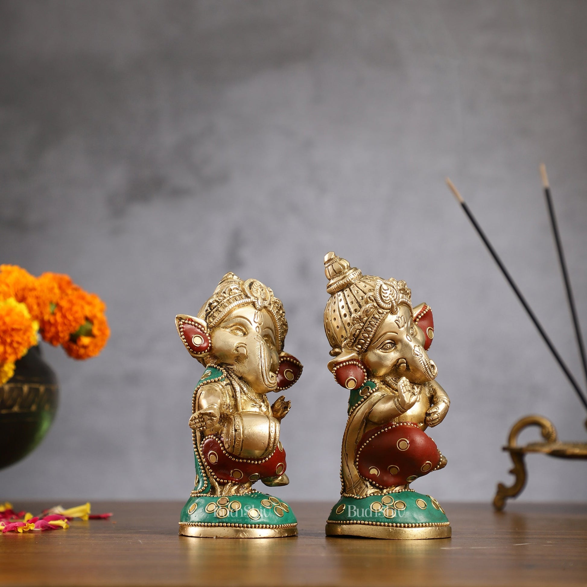 Baby Ganesha Brass Idols pair 5 " Stonework - Budhshiv.com