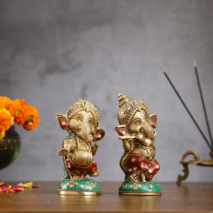 Baby Ganesha Brass Idols pair 5 " Stonework - Budhshiv.com