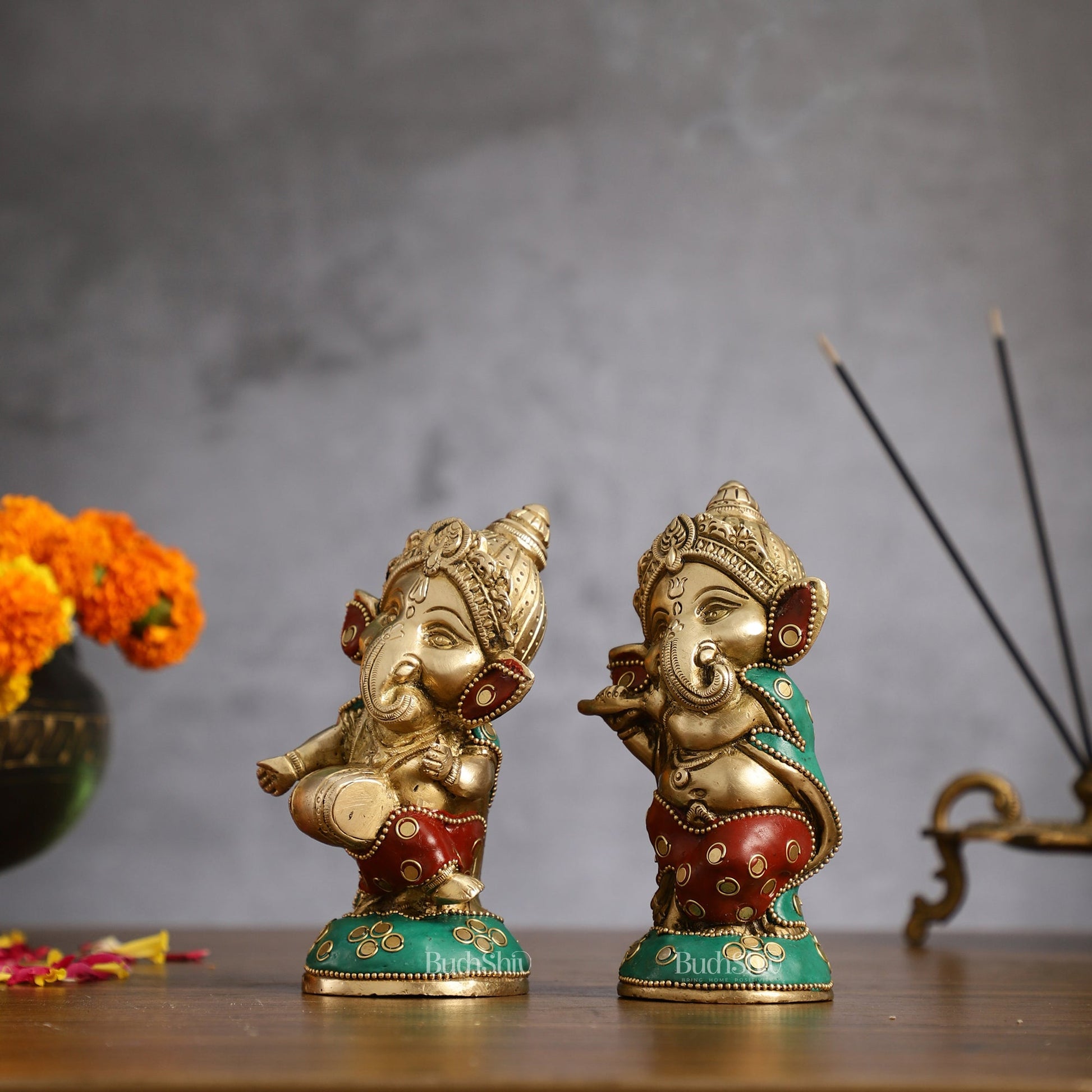 Baby Ganesha Brass Idols pair 5 " Stonework - Budhshiv.com