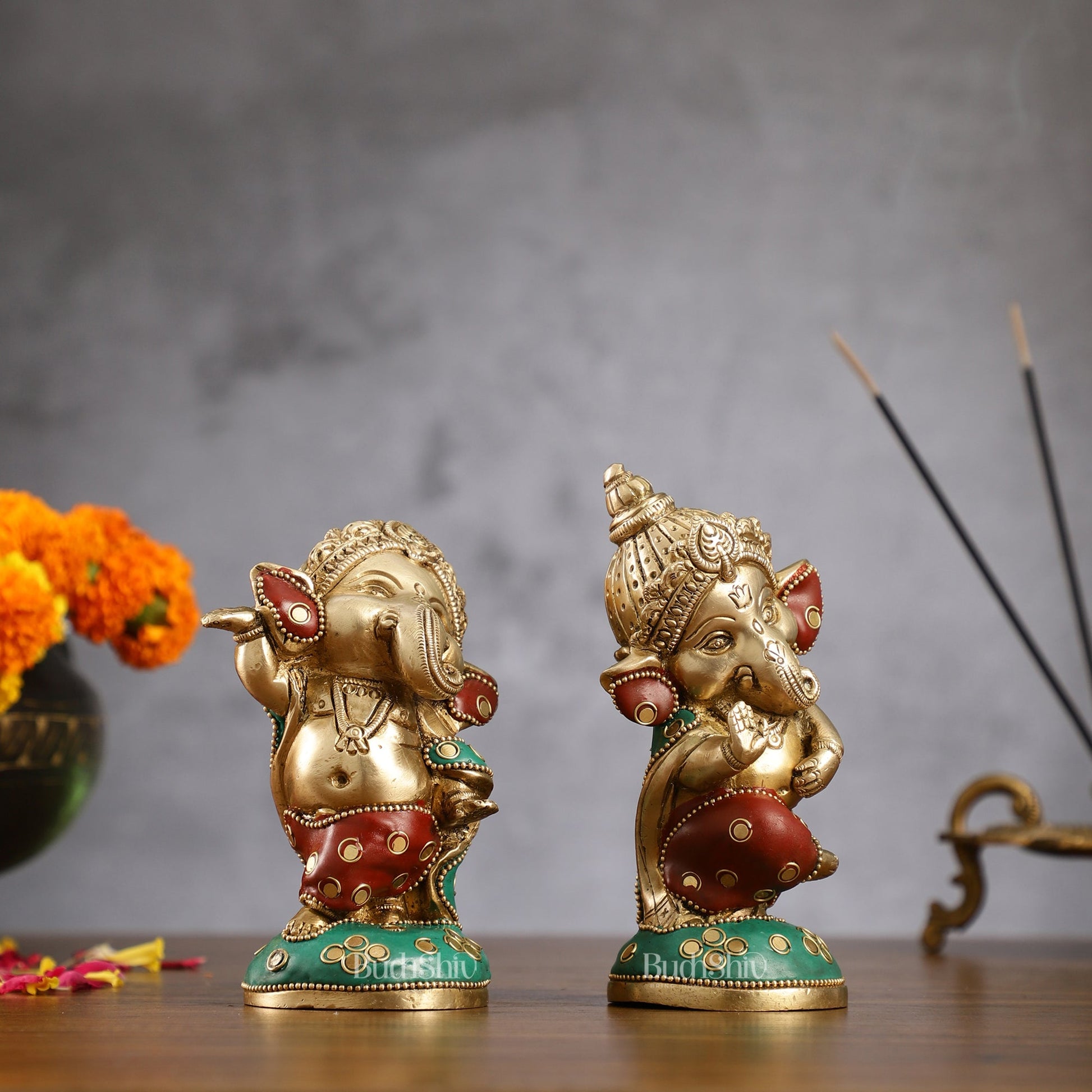 Baby Ganesha Brass Idols pair 5 " Stonework - Budhshiv.com