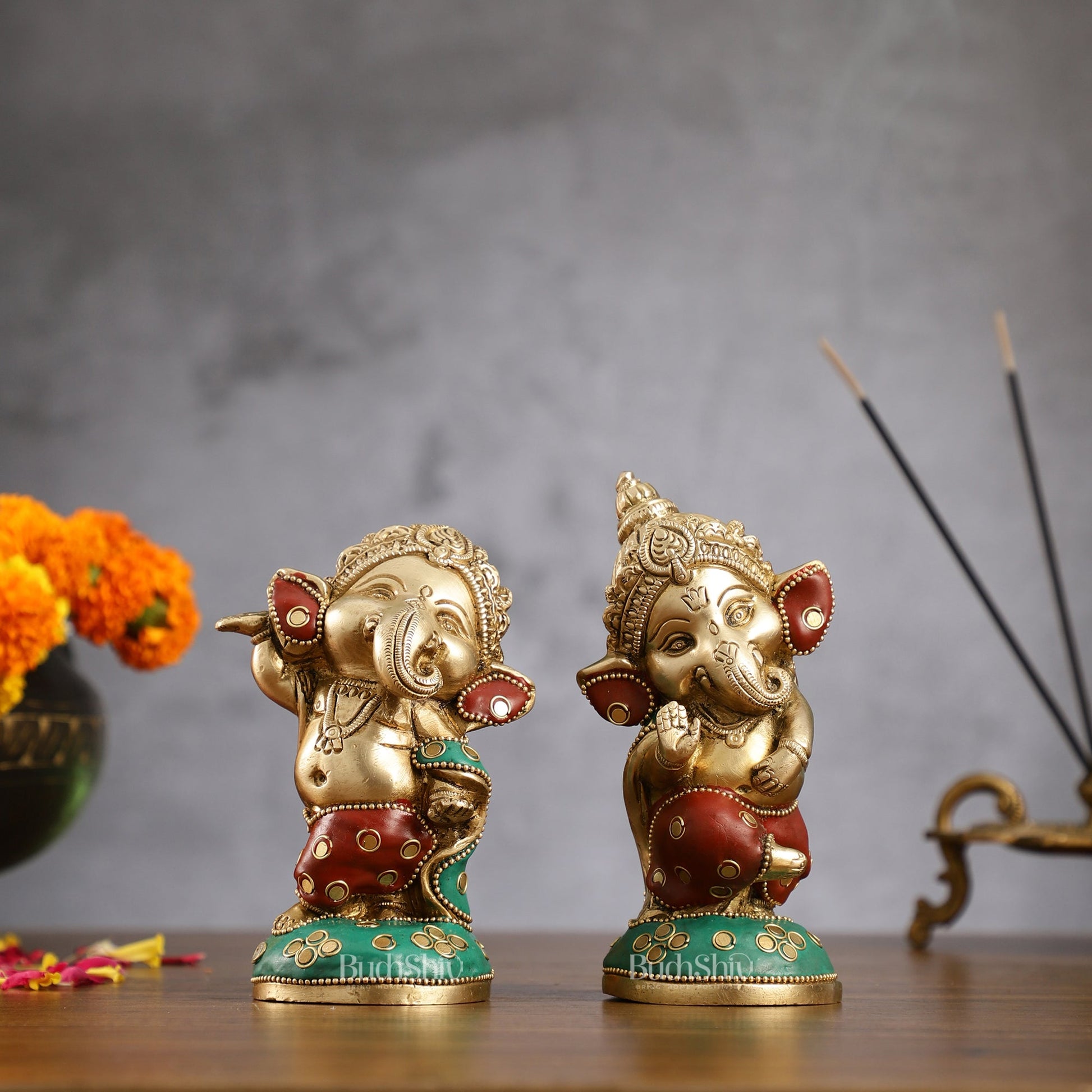 Baby Ganesha Brass Idols pair 5 " Stonework - Budhshiv.com