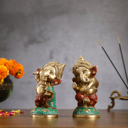 Baby Ganesha Brass Idols pair 5 " Stonework - Budhshiv.com