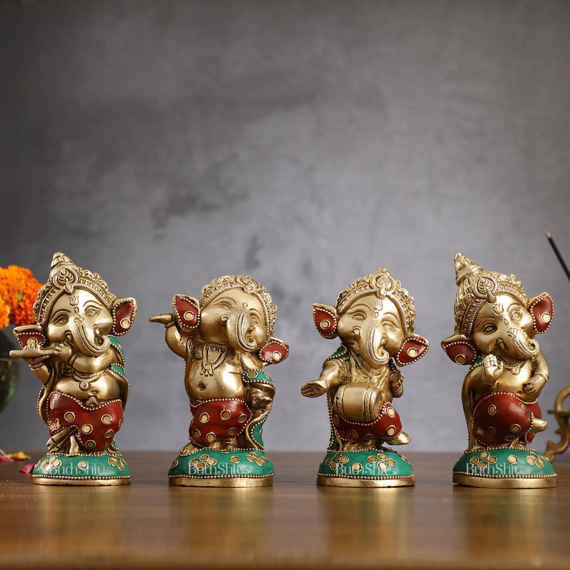 Baby Ganesha Brass Idols set 5 " Stonework - Budhshiv.com