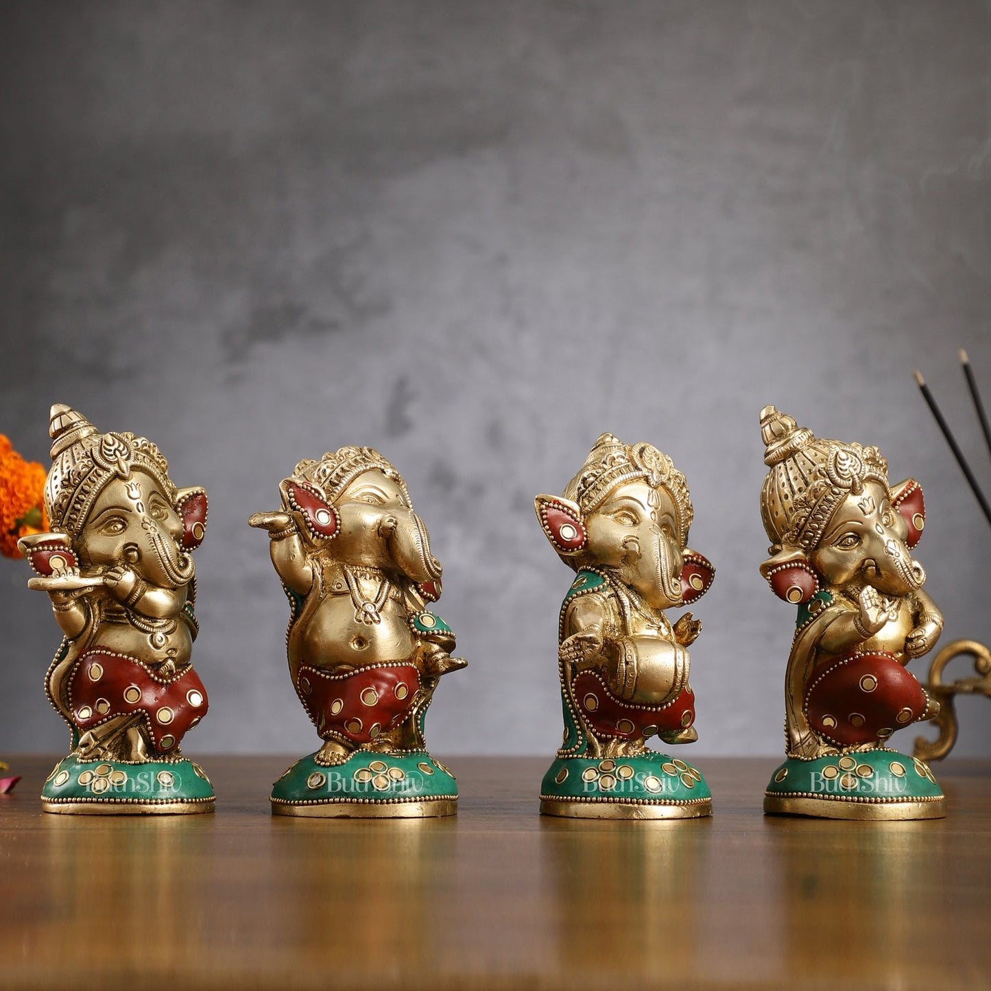 Baby Ganesha Brass Idols set 5 " Stonework - Budhshiv.com