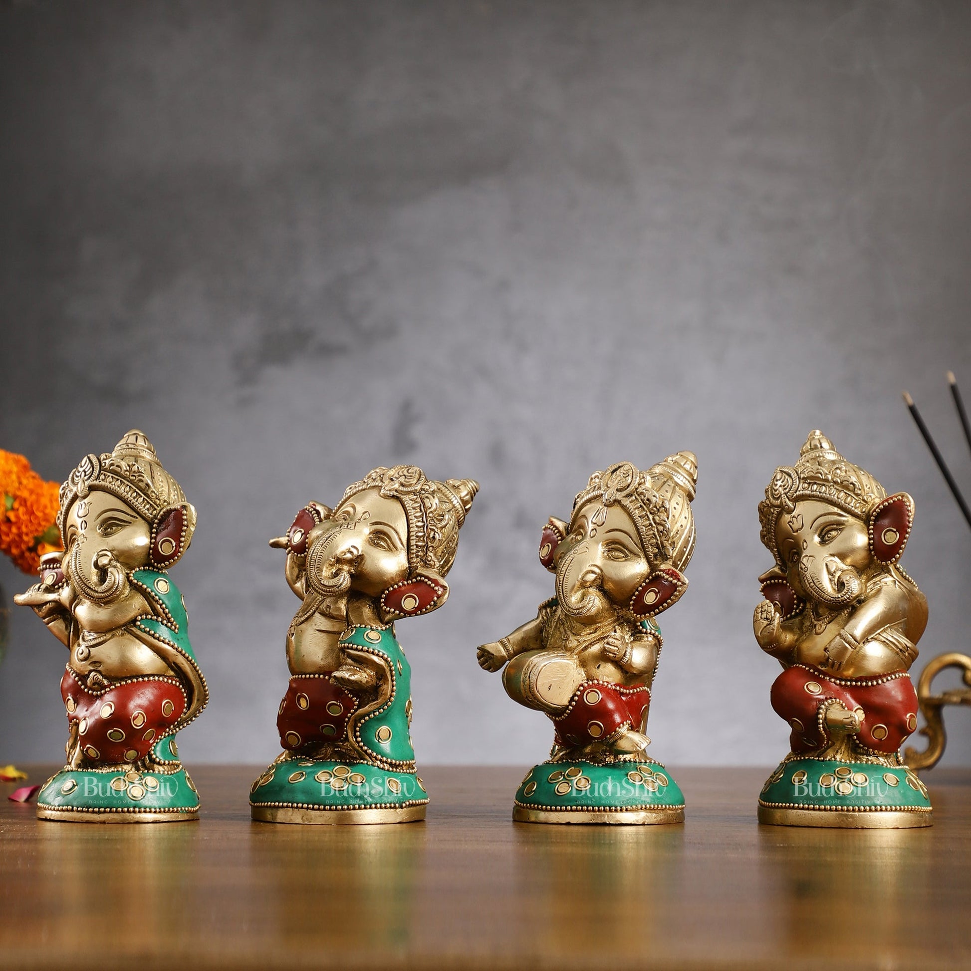 Baby Ganesha Brass Idols set 5 " Stonework - Budhshiv.com