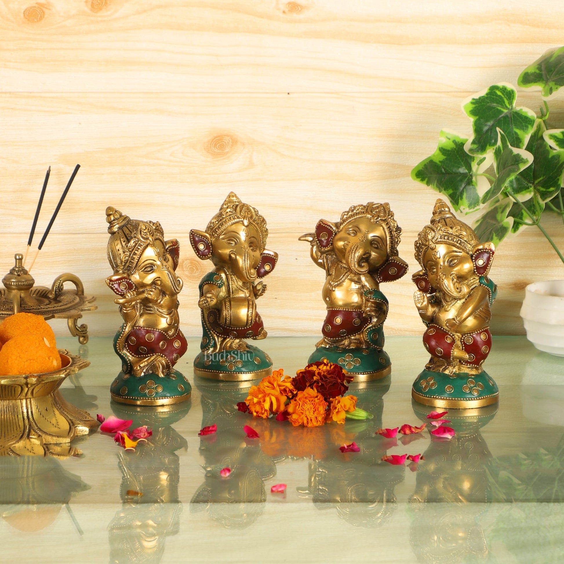 Baby Ganesha Brass Idols set 5 " Stonework - Budhshiv.com