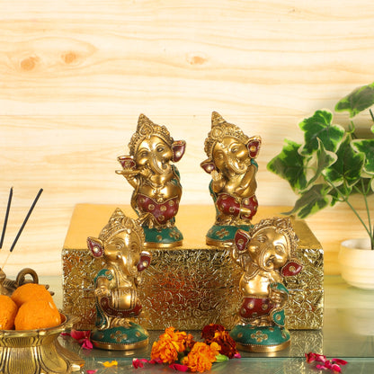 Baby Ganesha Brass Idols set 5 " Stonework - Budhshiv.com