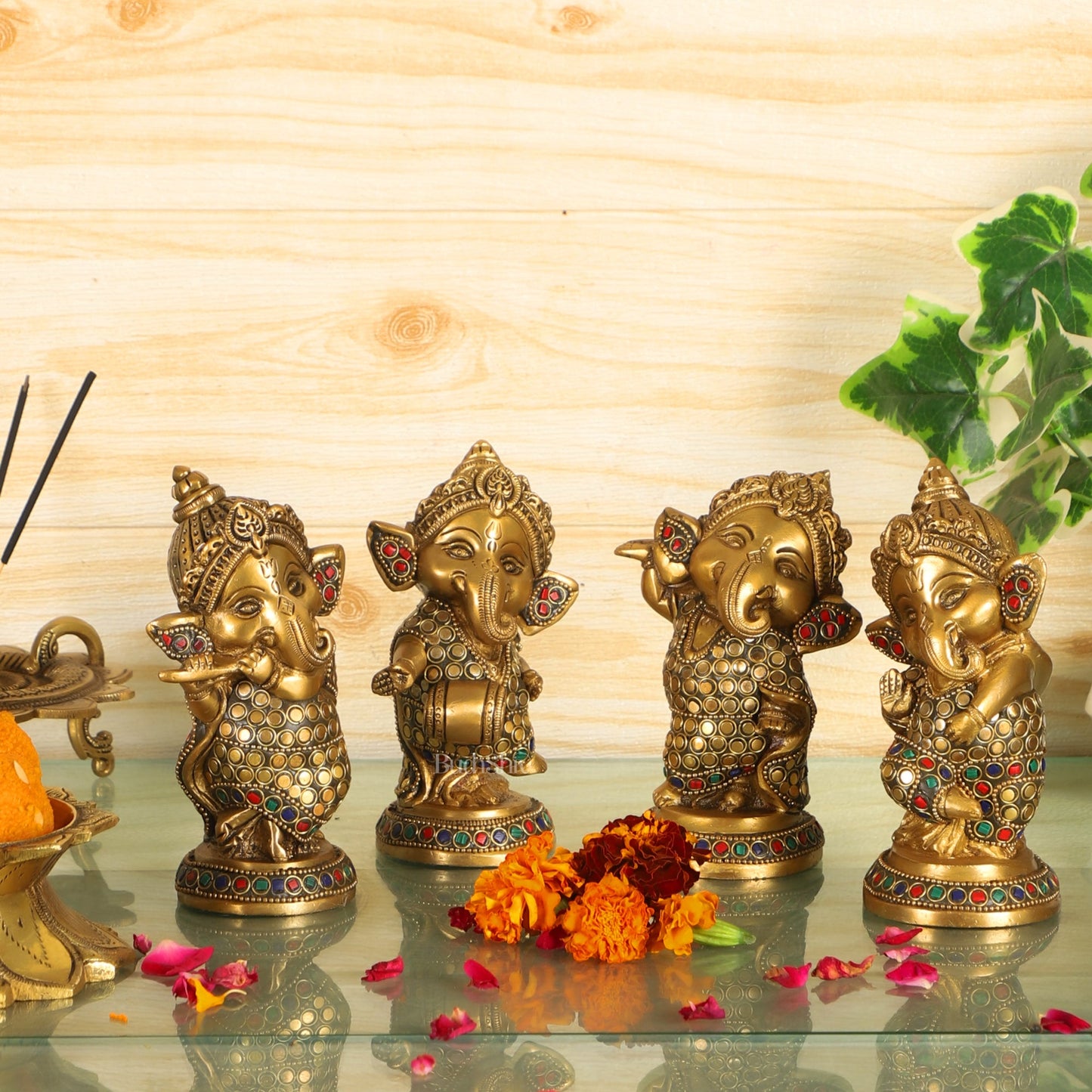 Baby Ganesha Brass Idols set 5 " Stonework - Budhshiv.com