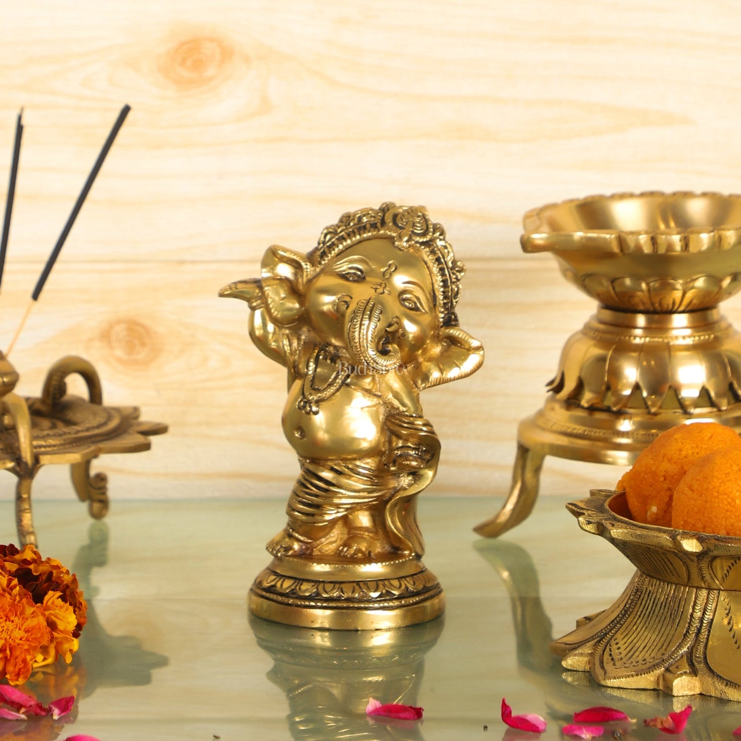 Baby Ganesha Dancing Brass Idol 5" (Golden) - Budhshiv.com