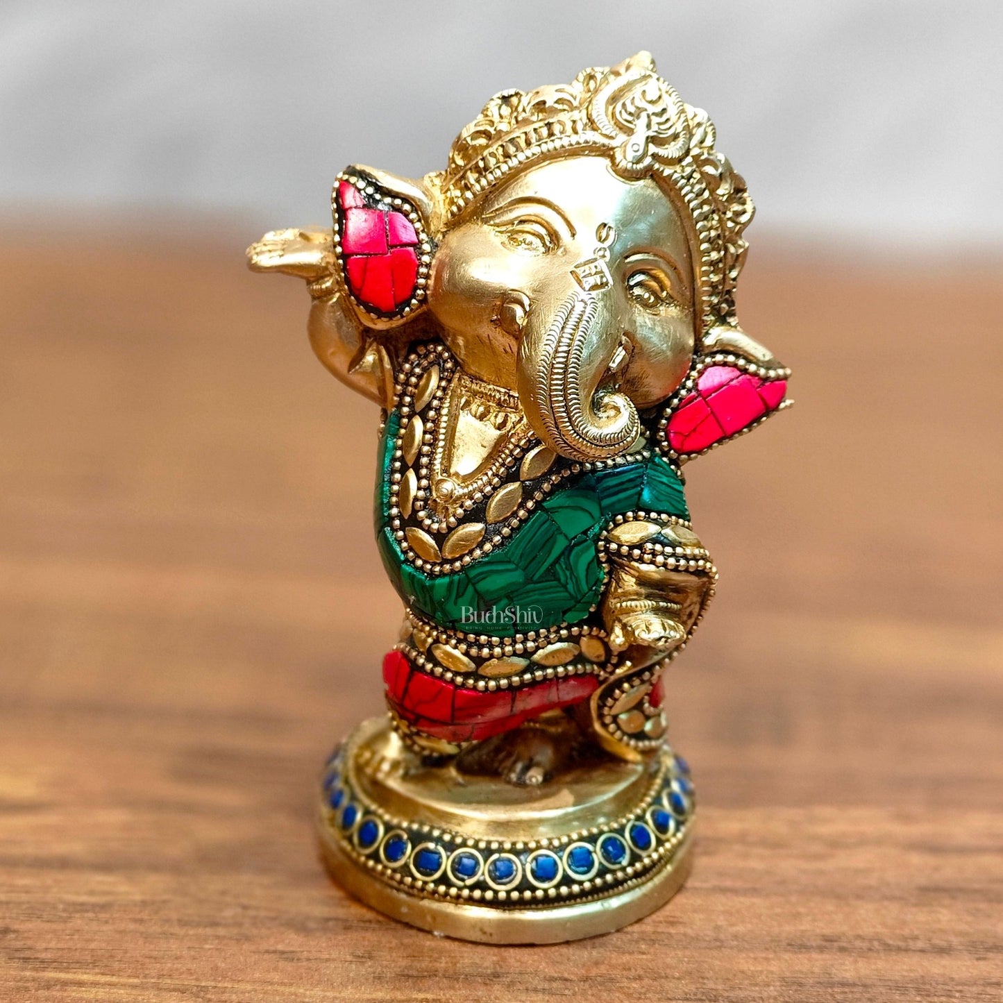 Baby Ganesha Dancing Brass Idol 5" Perfect for Office Desk, Study Table, Temple - stonework - Budhshiv.com