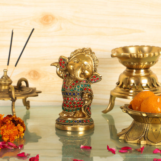 Baby Ganesha Dancing Brass Idol 5" Stonework and brass rings - Budhshiv.com