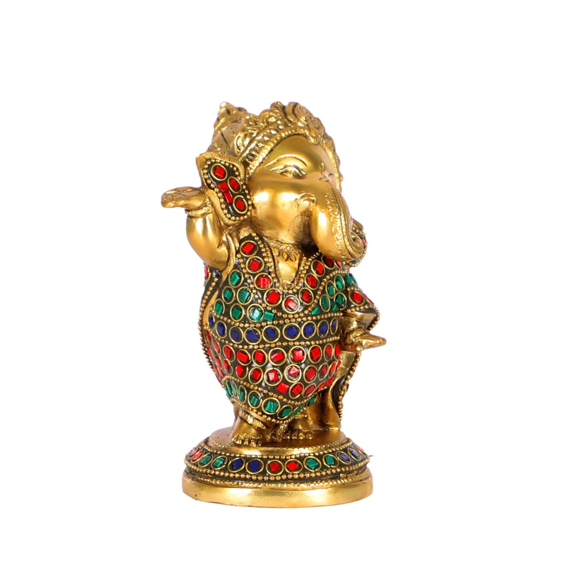 Baby Ganesha Dancing Brass Idol 5" Stonework and brass rings - Budhshiv.com